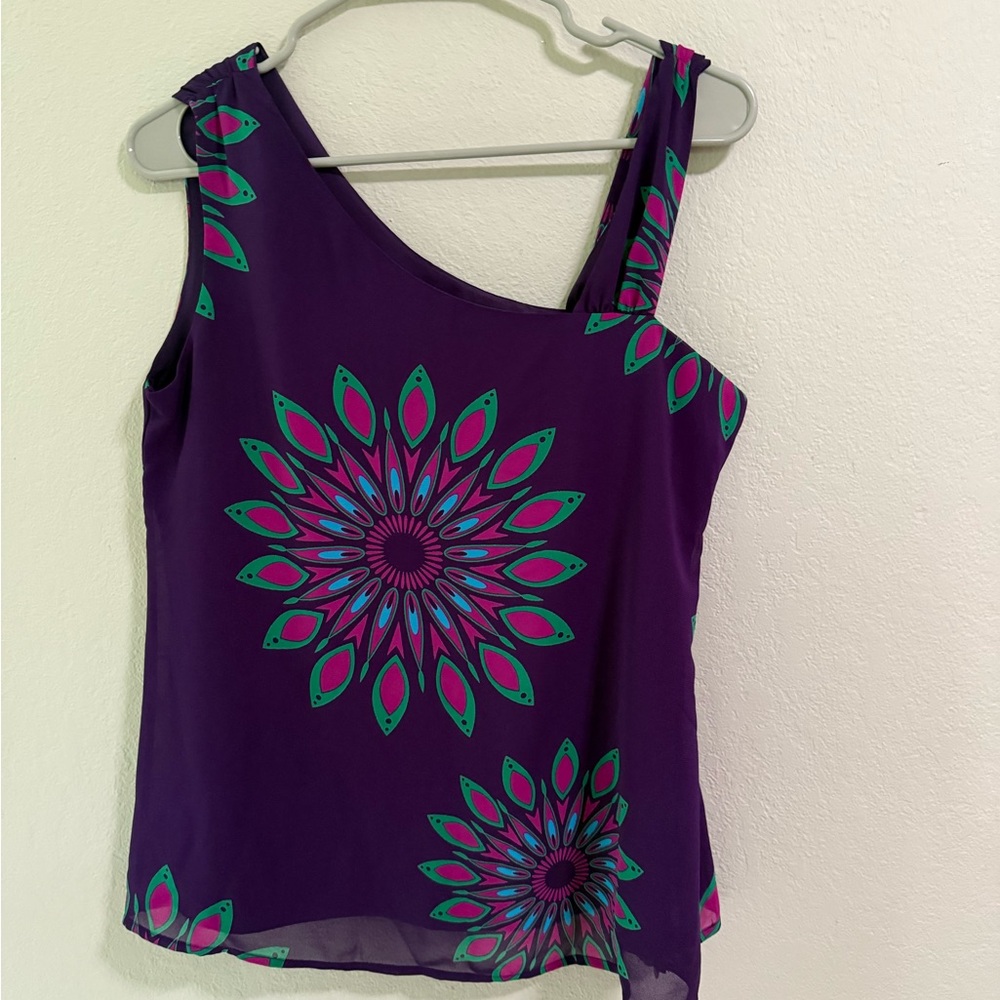 Banana Republic Purple One-Shoulder Top Sz 6 Geometric Floral Print